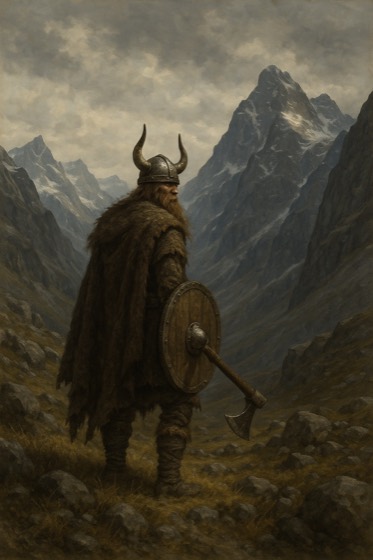 Lone viking in the mountains, rendered by GPT-5 Image