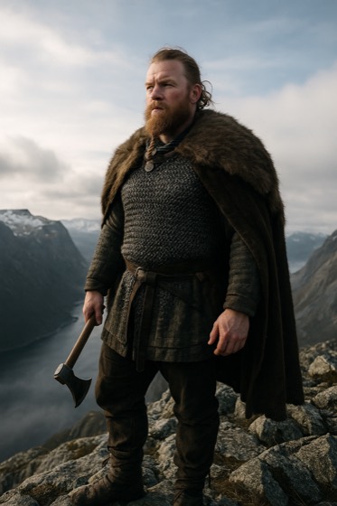 Norse Viking warrior on a mountain summit above a fjord, rendered by Saga Studio from a six-word prompt