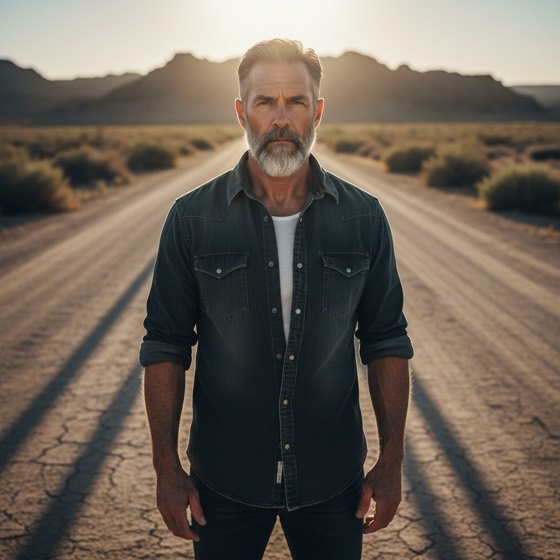 Golden-hour desert portrait of a weathered man, rendered by Saga Studio from the prompt 'batch test 5'
