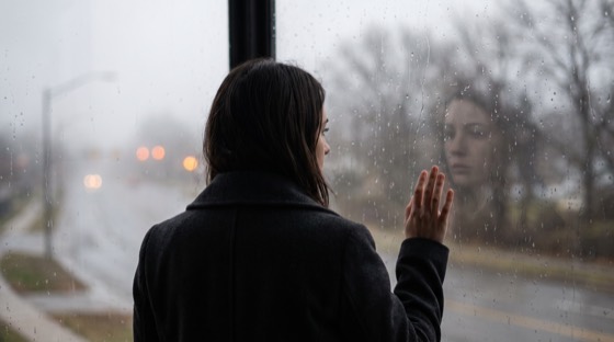 Woman at a rain-streaked window used as a source image in Saga Image Lab