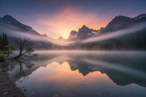 Mountain lake at dawn rendered by Nano Banana